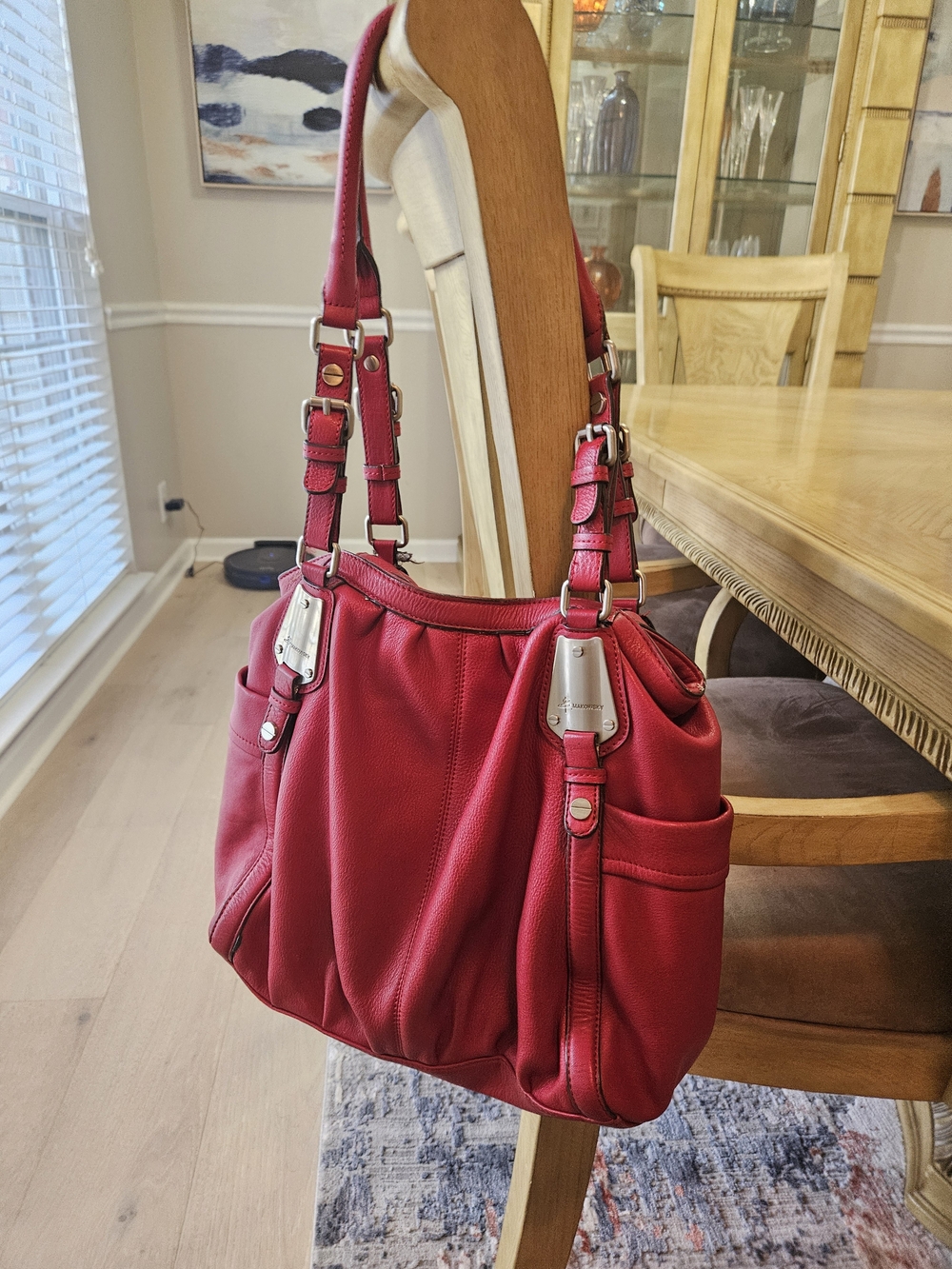b. makowsky Red Leather Shoulder Bag with Silver Hardware